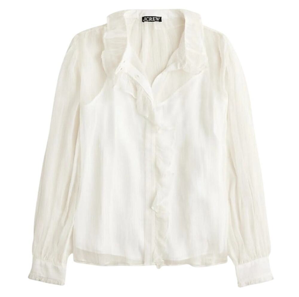 J.Crew Ruffle Button-Up Shirt WMNS Sz 12 White Crinkle Chiffon Sheer Long Sleeve